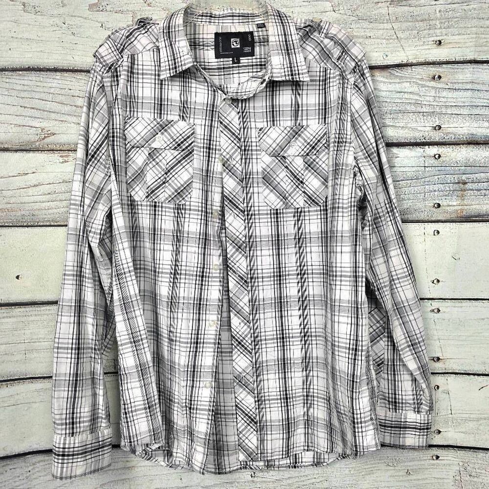 Red Crown Plaid Button Down Shirt Black White L